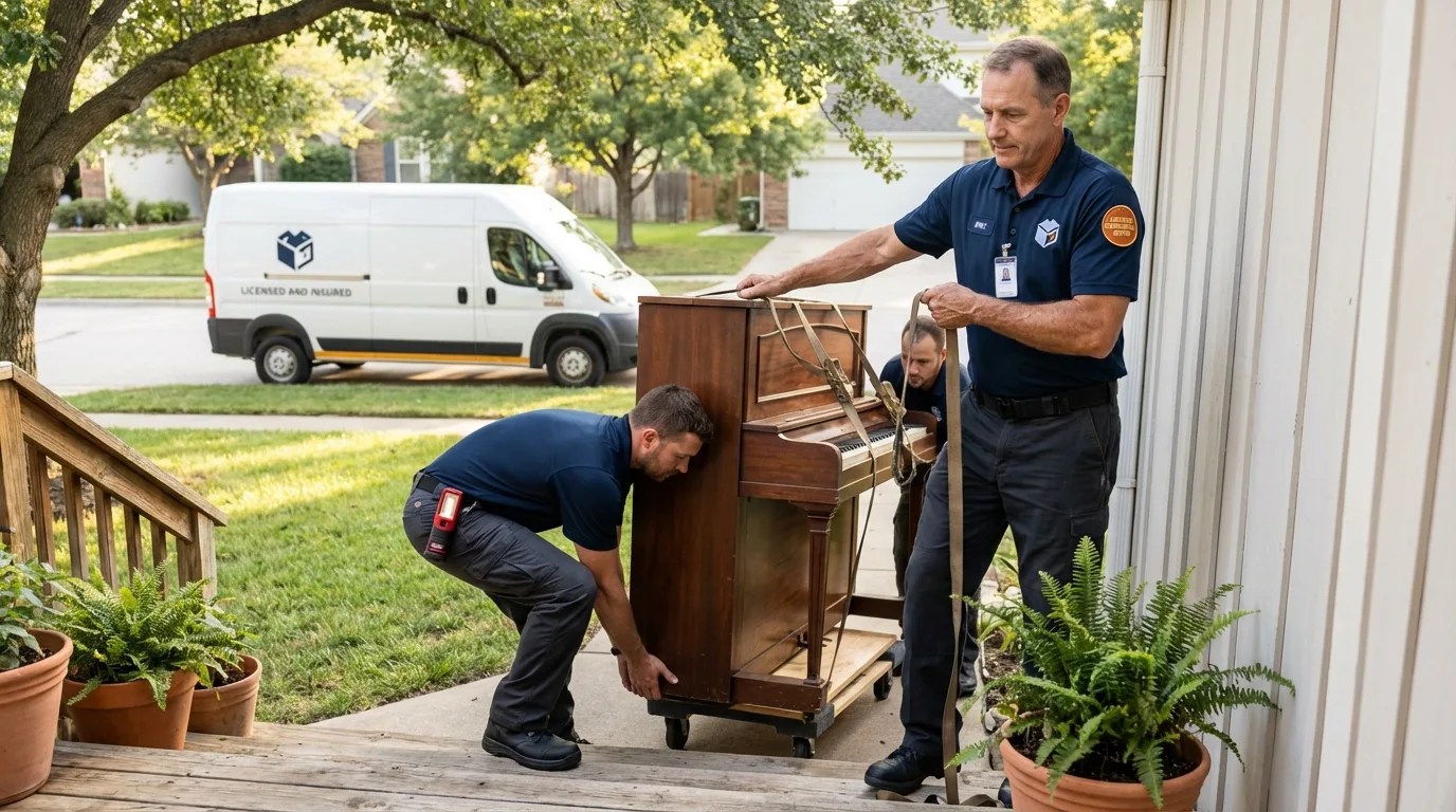 Licensed piano movers securing grand piano in Hamilton City, CA