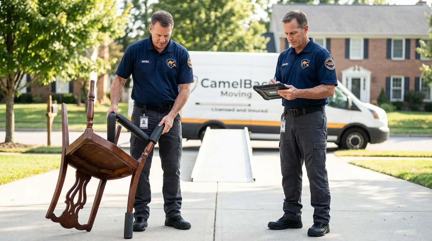 Movers inspecting furniture for damage prevention before loading in Hamilton City, CA