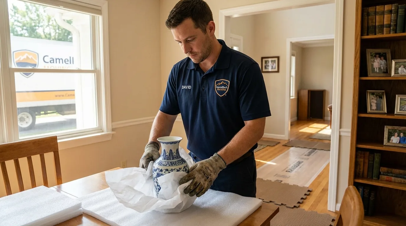 Professional crew carefully wrapping antique vase for senior downsizing move in Hamilton City, CA